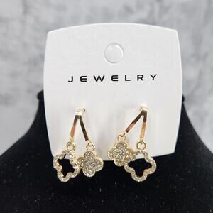 Double Clover Earrings Gold Tone & Clear Rhinestones - Drop Earrings, Jewelry